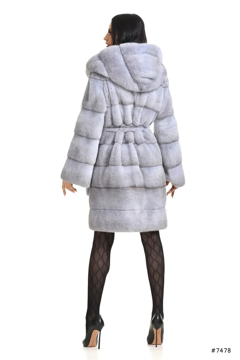 Hooded mink fur coat with belt