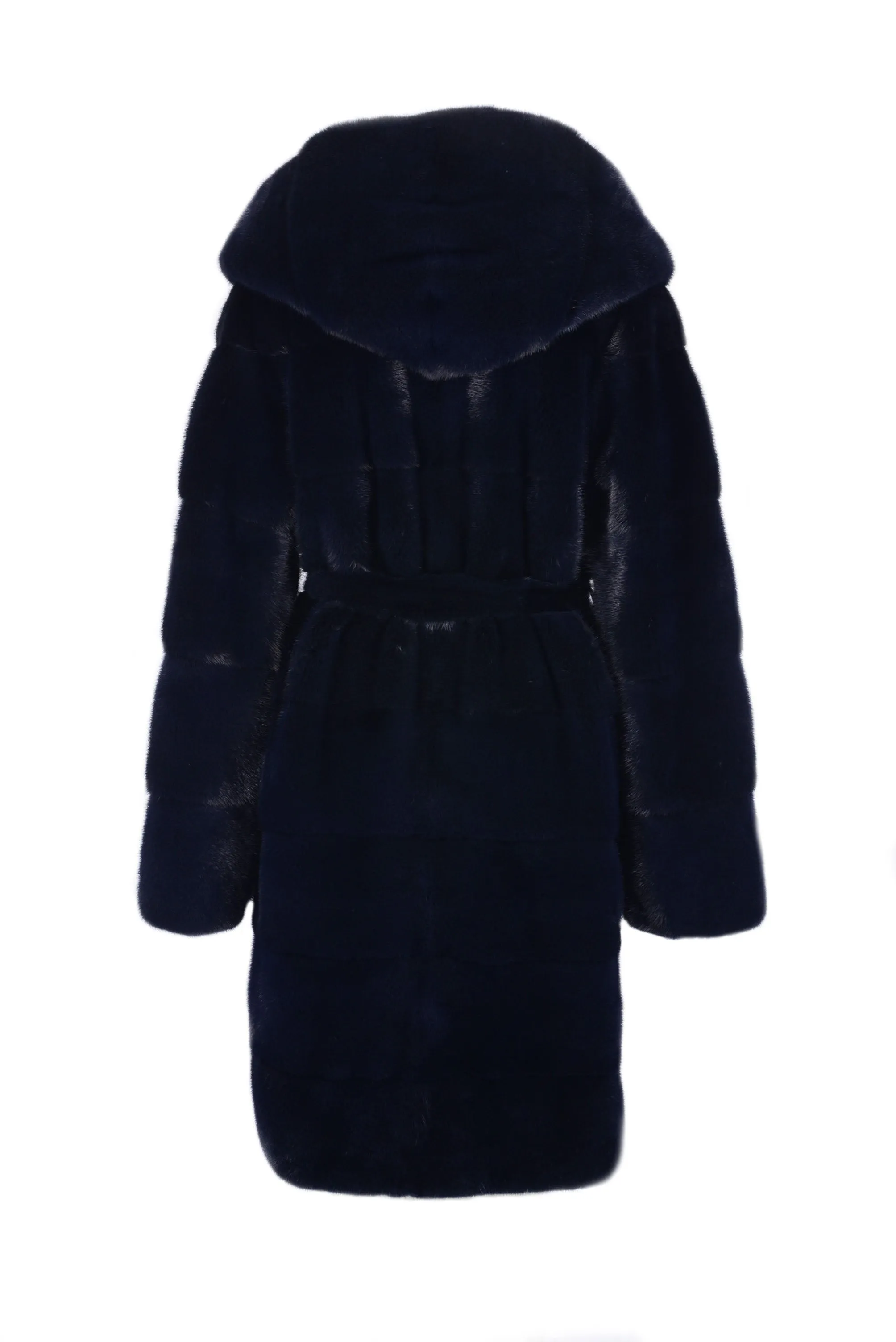 Hooded mink fur coat with belt