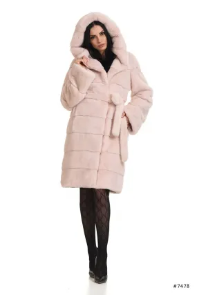 Hooded mink fur coat with belt