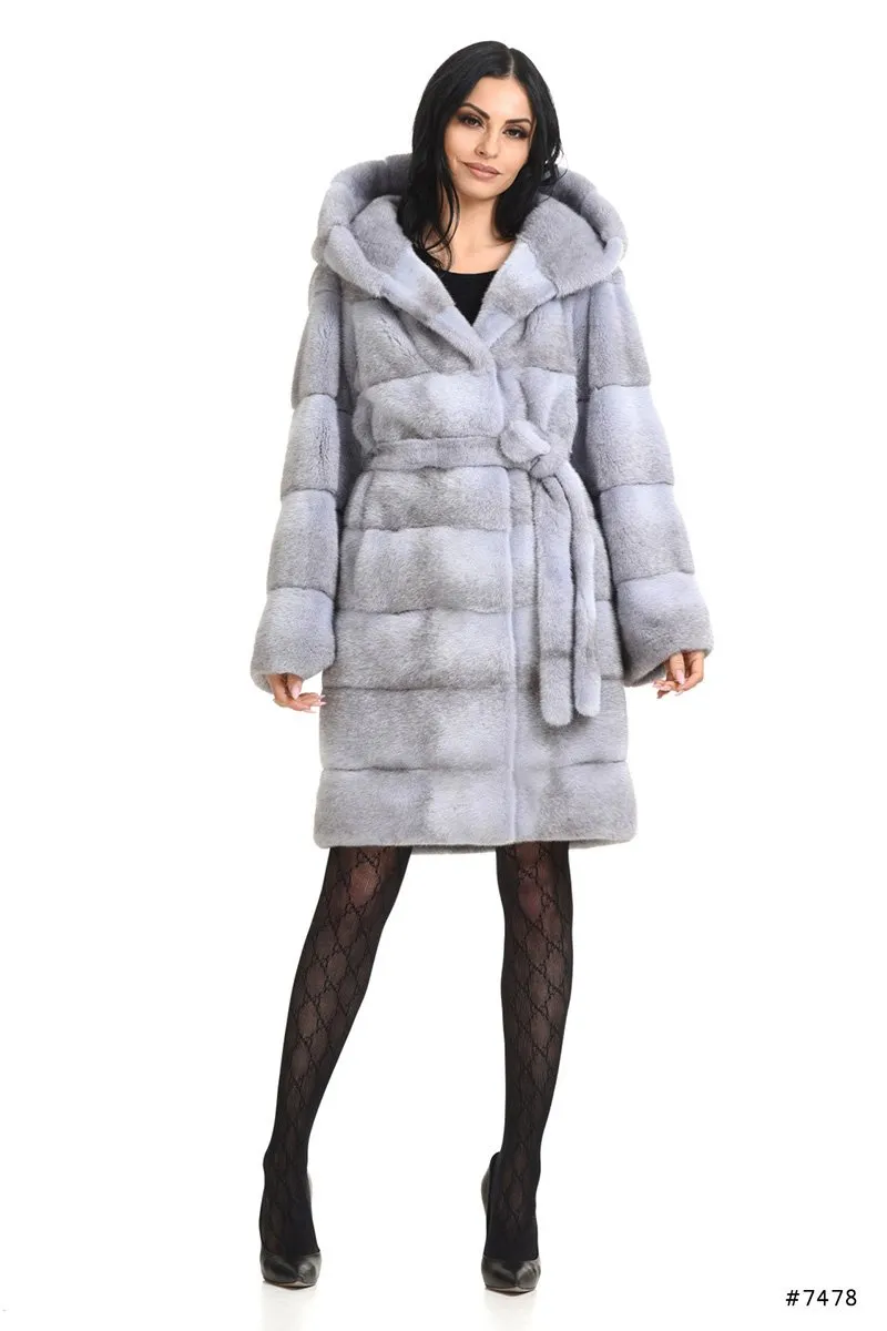 Hooded mink fur coat with belt