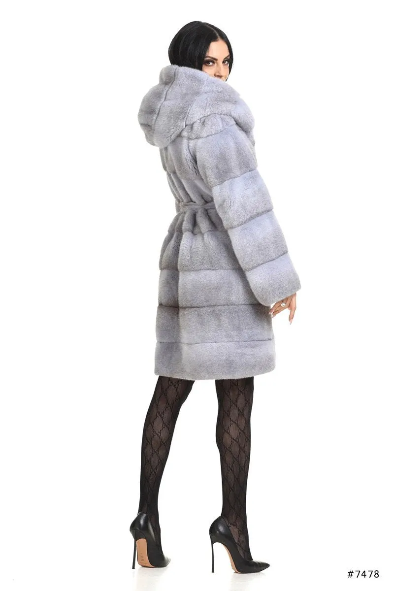 Hooded mink fur coat with belt