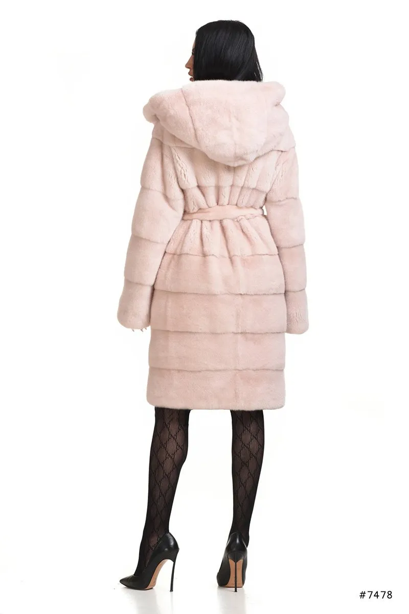 Hooded mink fur coat with belt