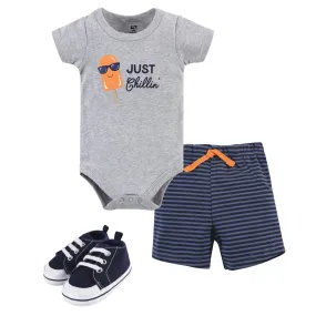 Hudson Baby Cotton Bodysuit, Shorts and Shoe Set, Chillin Popsicle