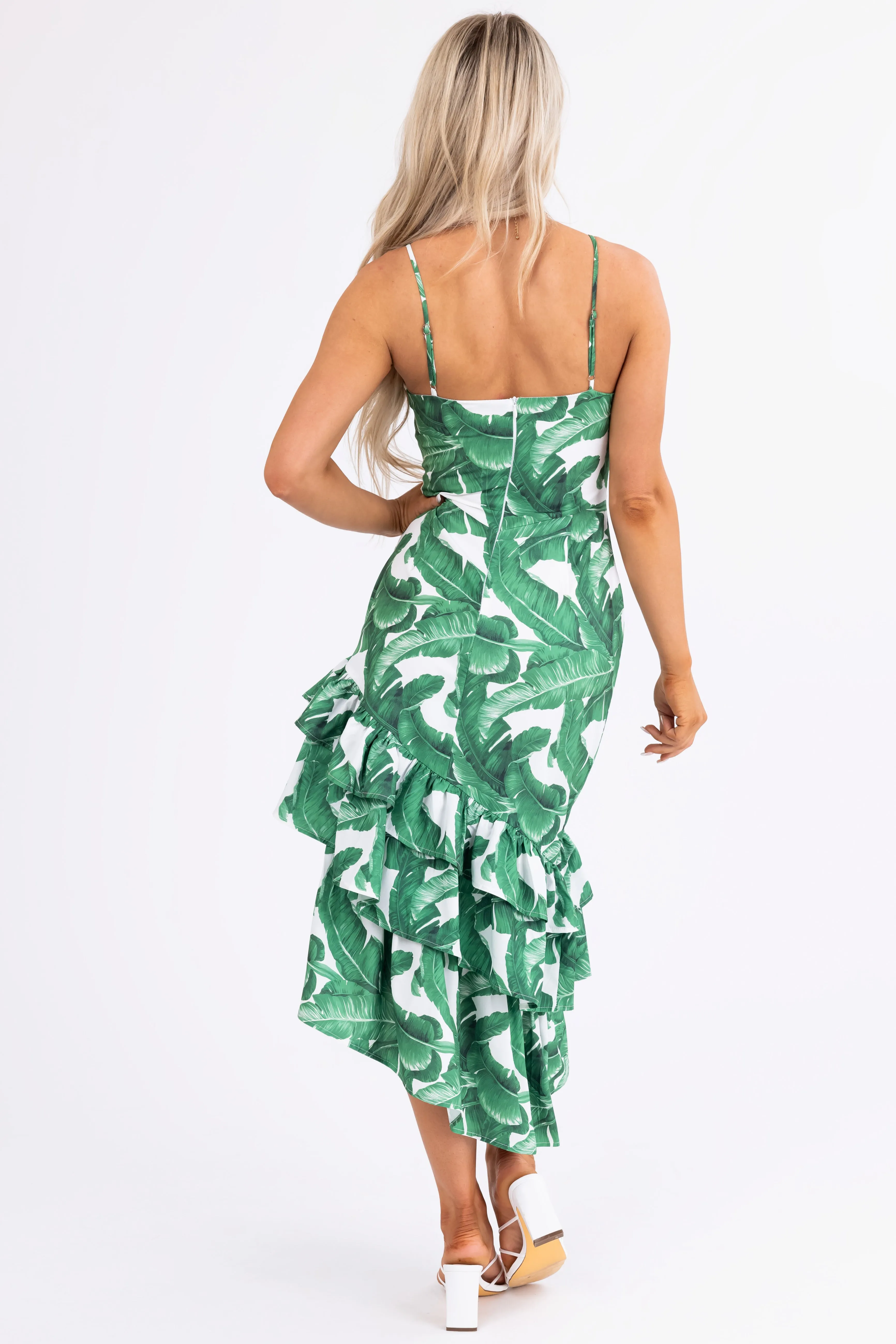 Ivory and Hunter Green Leaf Print Midi Dress