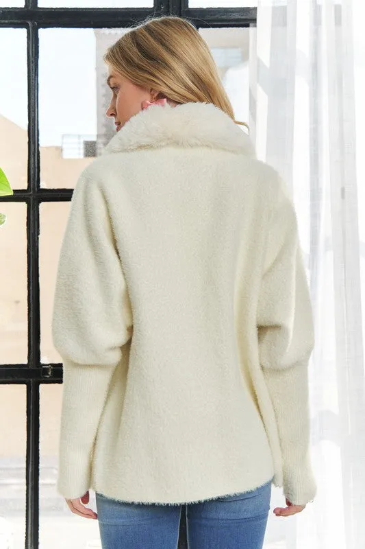 Ivory Faux Fur Accent Zip Up Sweater Coat