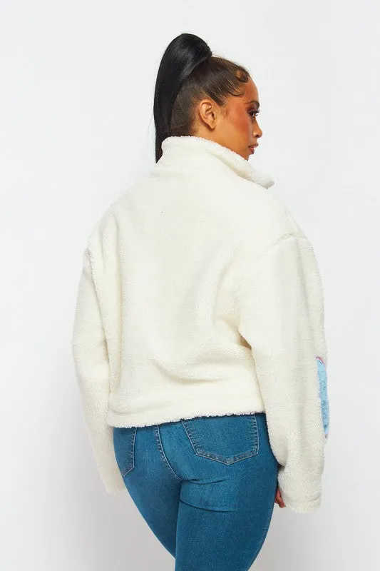 Ivory Love Hearts Cozy Sherpa Zip Up Sweater Jacket