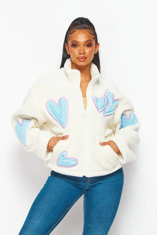 Ivory Love Hearts Cozy Sherpa Zip Up Sweater Jacket