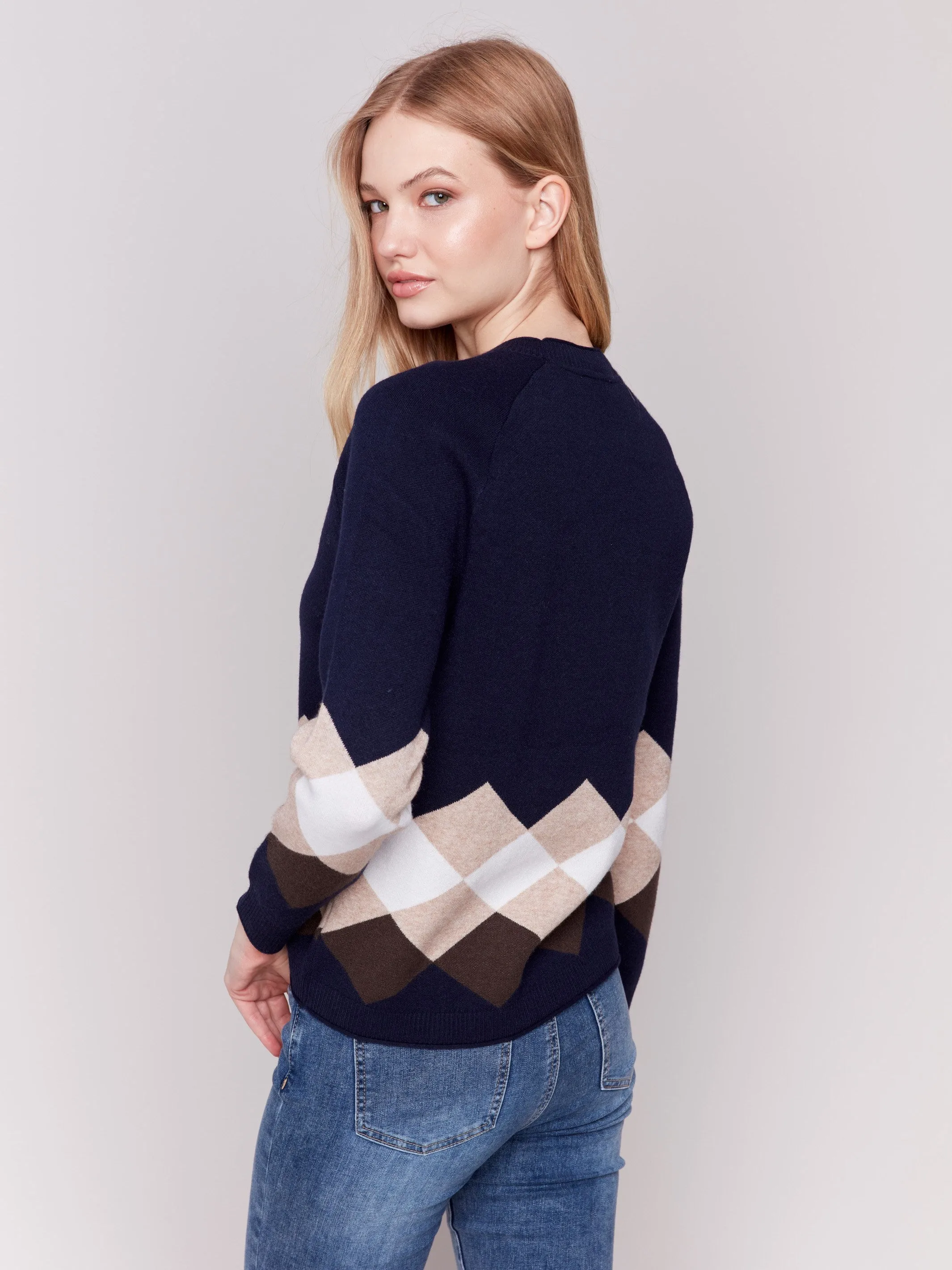 Jacquard Knit Argyle Sweater - Navy