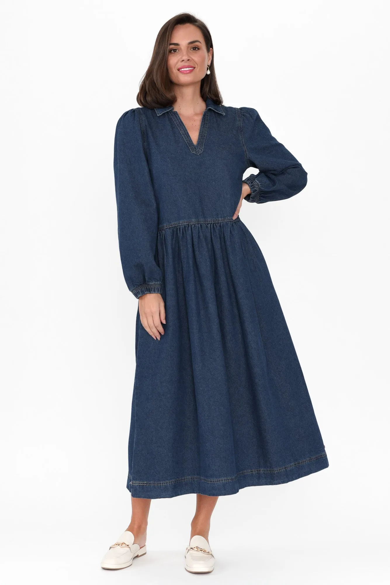 Josephine Dark Denim Collared Dress