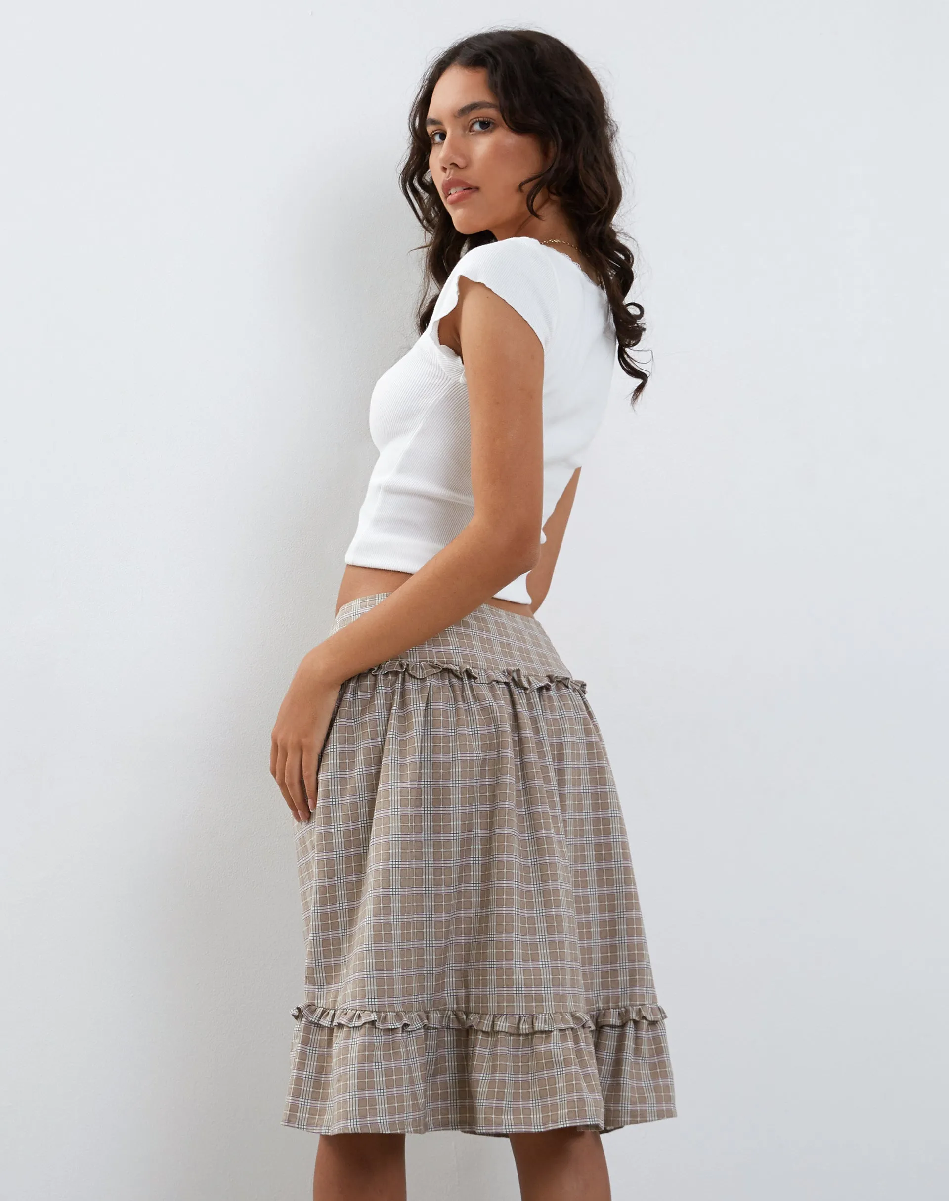 Kasya Frill Hem Wrap Midi Skirt in Taupe Check