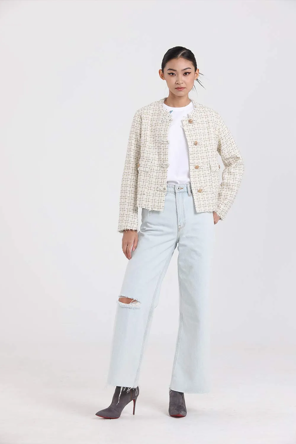 KEIRA White Tweed Jacket (White / Gold)