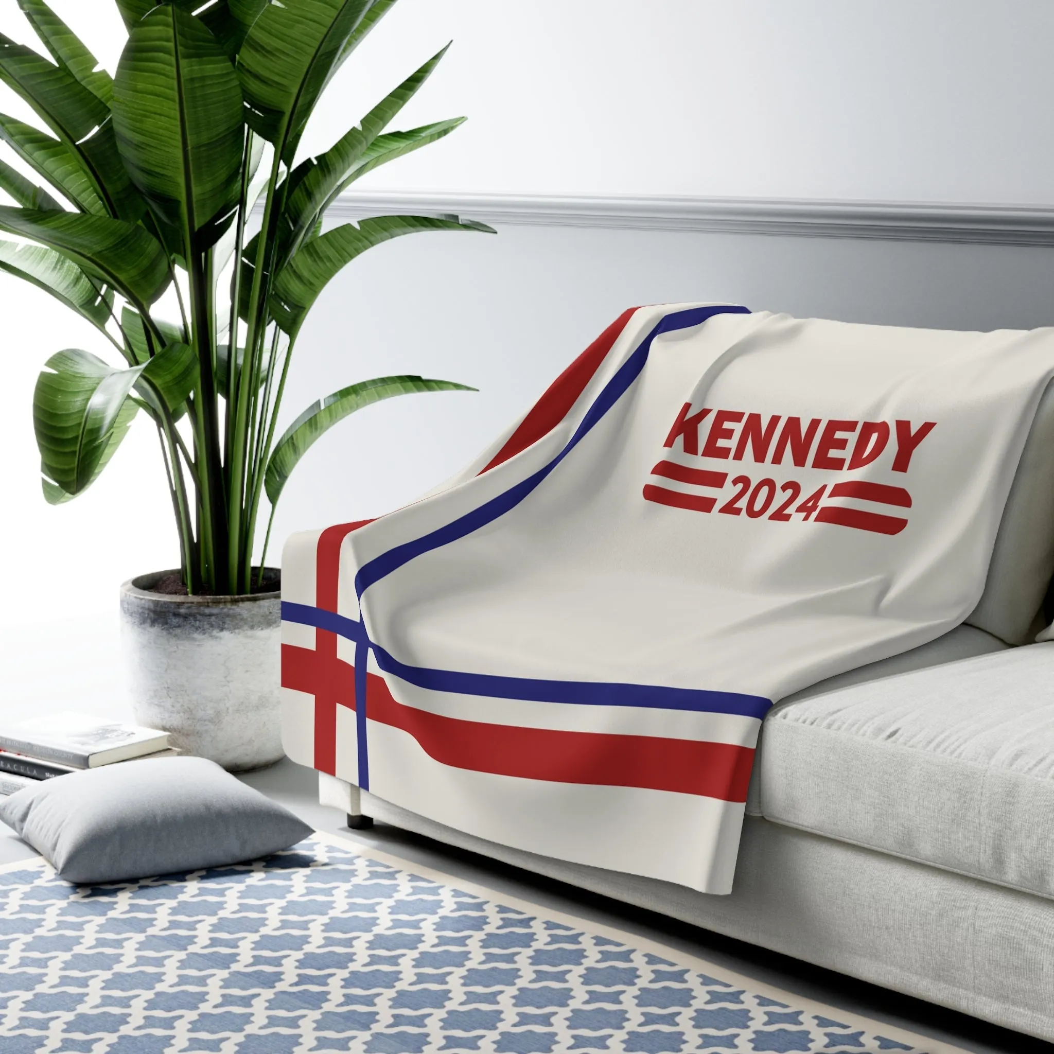 Kennedy Classic Red and Navy Bordered Sherpa Fleece Blanket