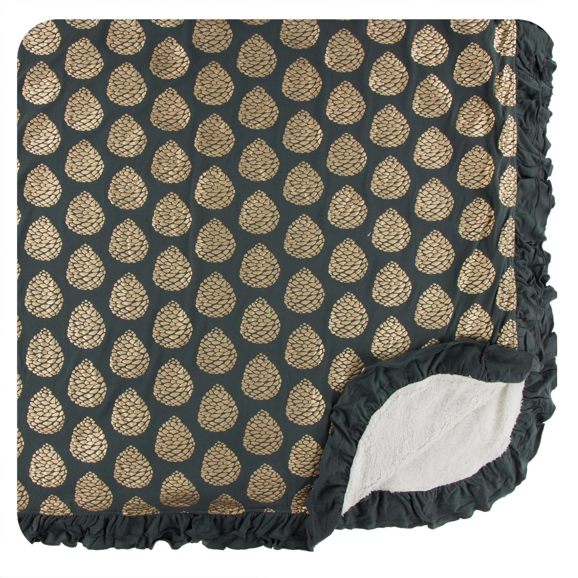 KicKee Pants Pewter Pinecones Sherpa-Lined Double Ruffle Throw Blanket