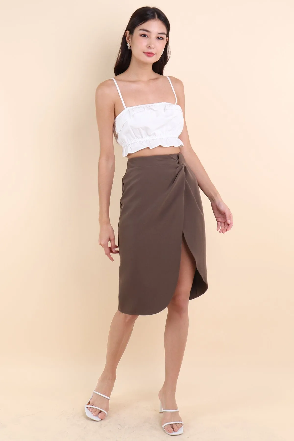 KINSLEY ASYMMETRICAL MIDI SKIRT IN ARMY KHAKI