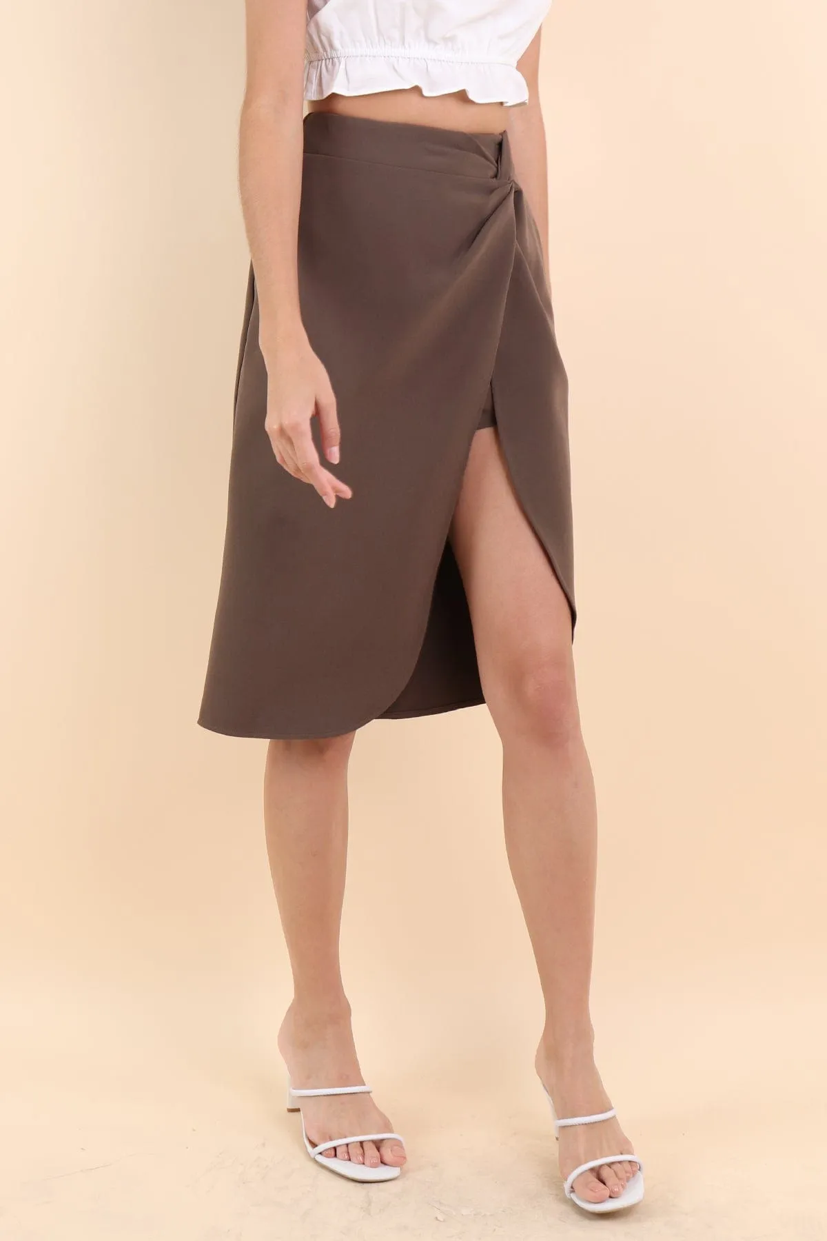 KINSLEY ASYMMETRICAL MIDI SKIRT IN ARMY KHAKI