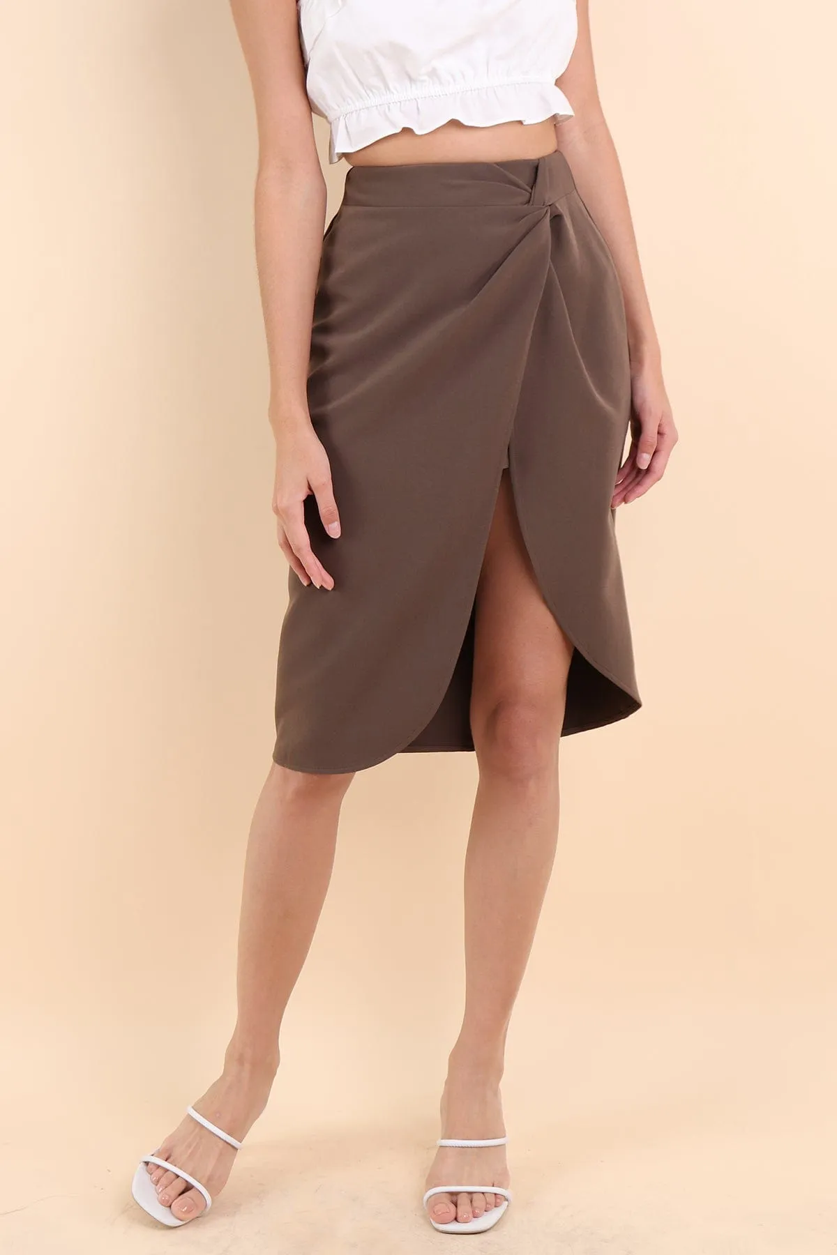 KINSLEY ASYMMETRICAL MIDI SKIRT IN ARMY KHAKI