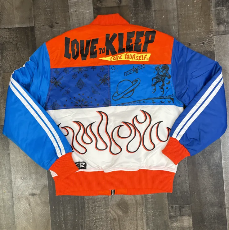 Kleep - premium nylon jacket w/ heavy cut blocks, print effects & patch work (orange/blue)