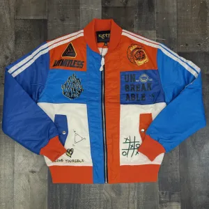 Kleep - premium nylon jacket w/ heavy cut blocks, print effects & patch work (orange/blue)