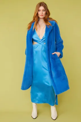 Ladies Electric Blue Faux Fur Midi Duchess Coat