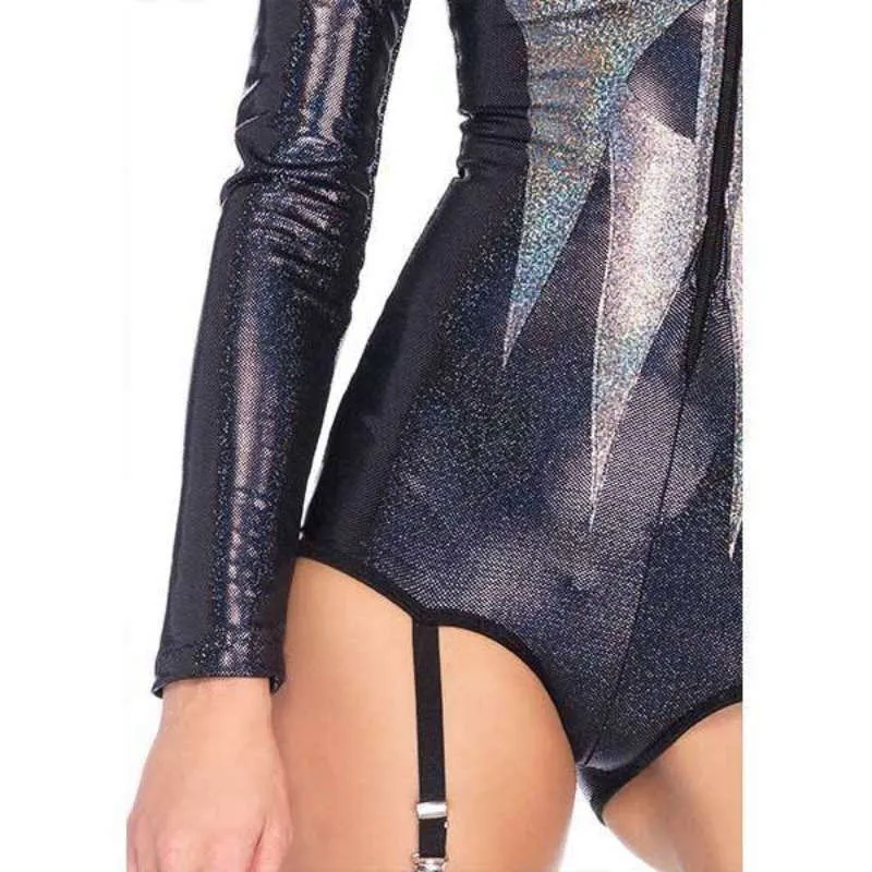 Ladies Shimmer Iridescent Skull Garter Bodysuit Leg Avenue