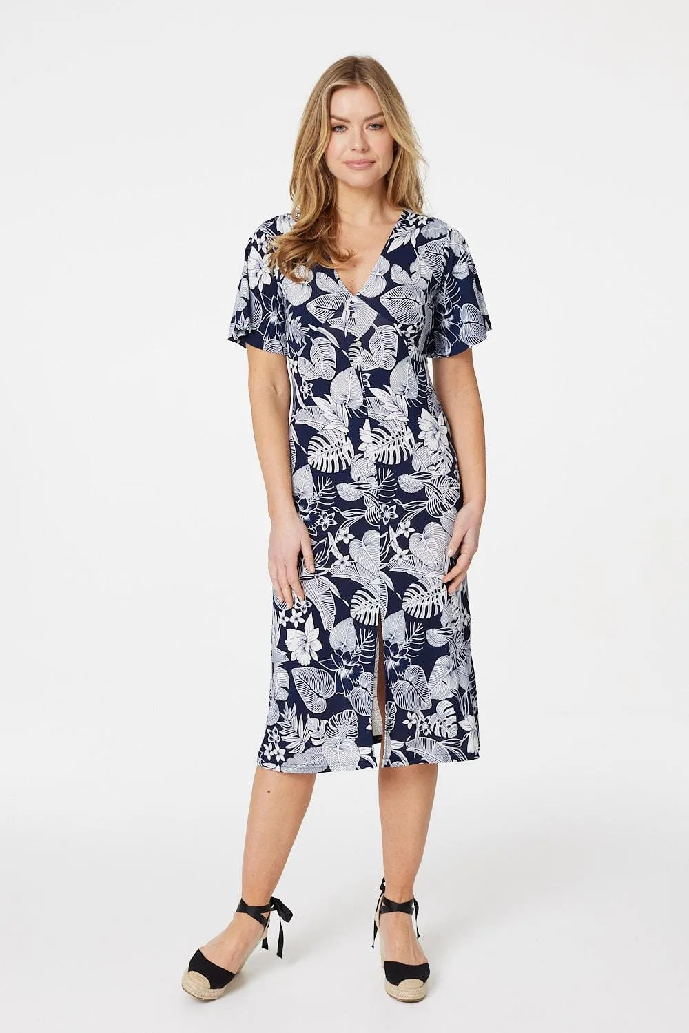 Leaf Print Front Split Midi Dress