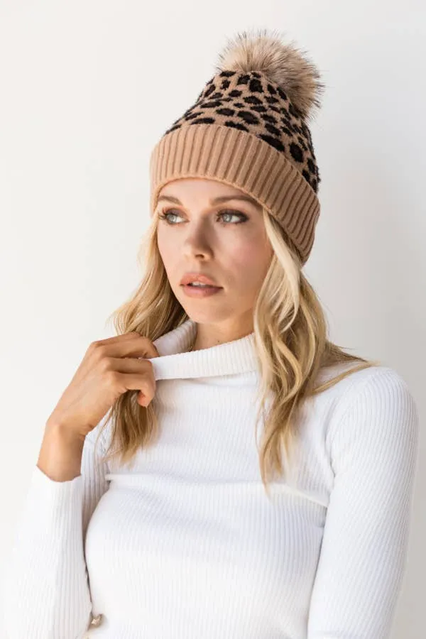 Leopard Beanie w/ Pom Pom