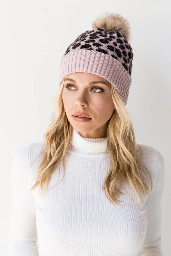 Leopard Beanie w/ Pom Pom