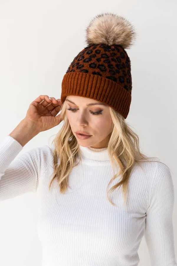 Leopard Beanie w/ Pom Pom