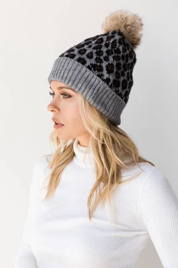 Leopard Beanie w/ Pom Pom