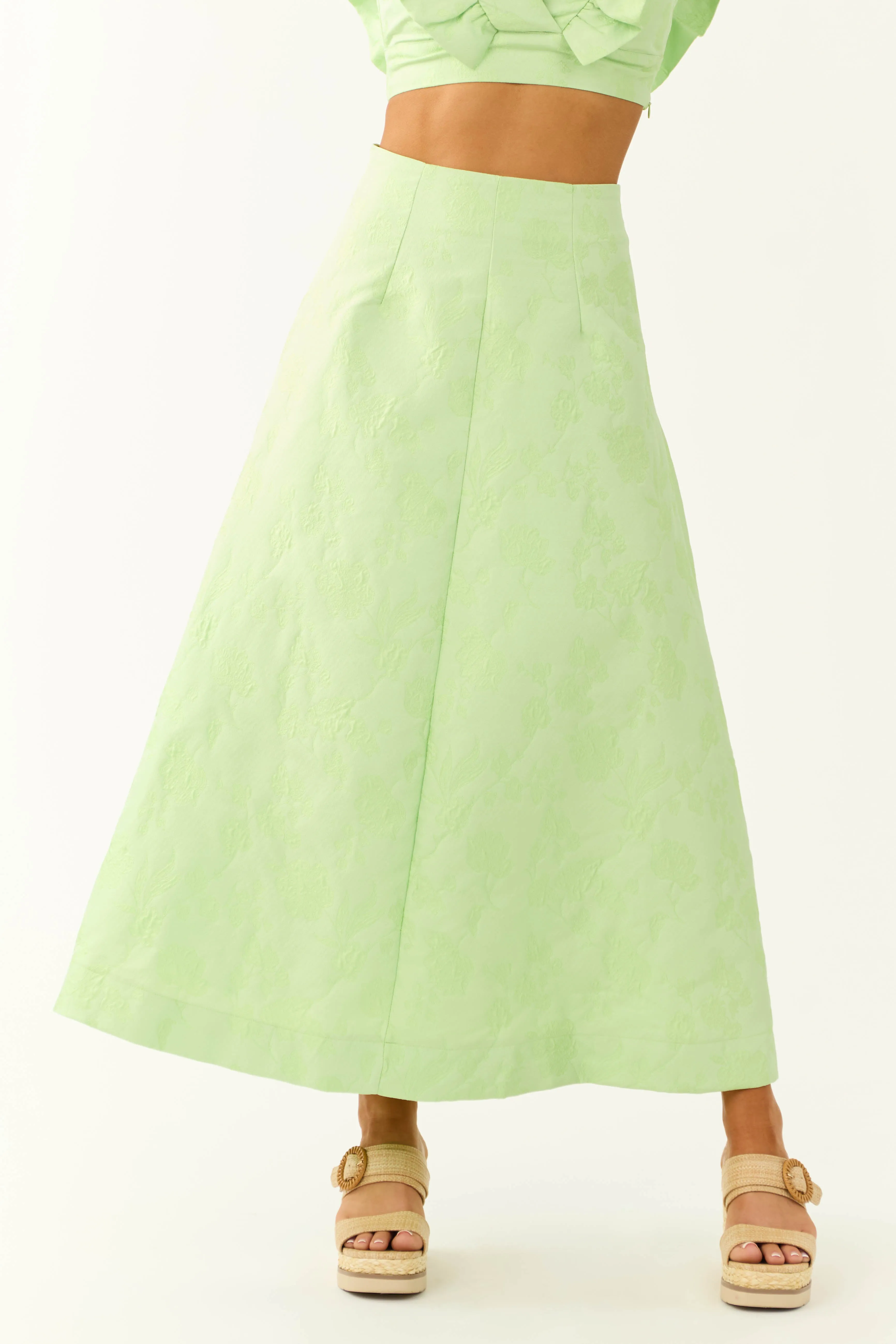 Light Lime Floral Jacquard A Line Midi Skirt