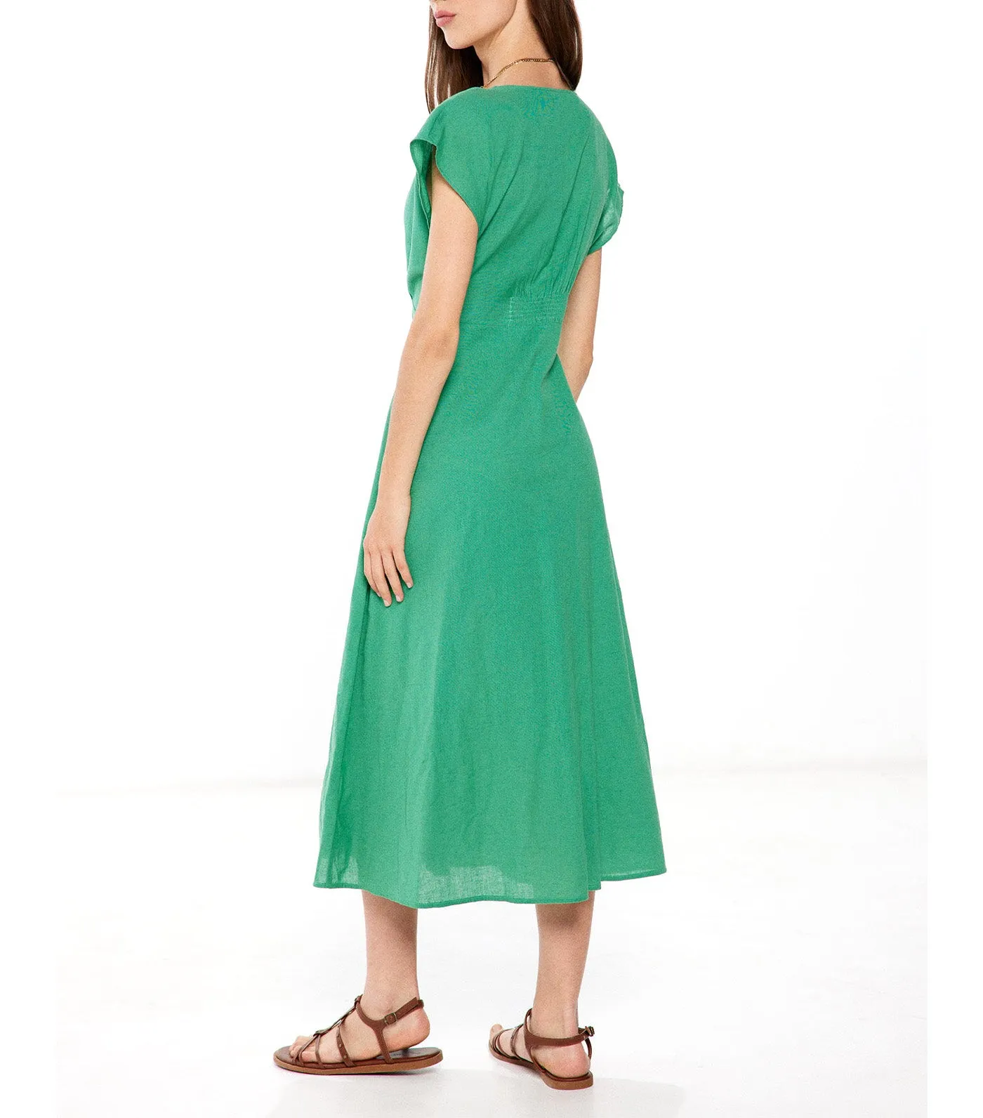 Linen Button Midi Dress Green