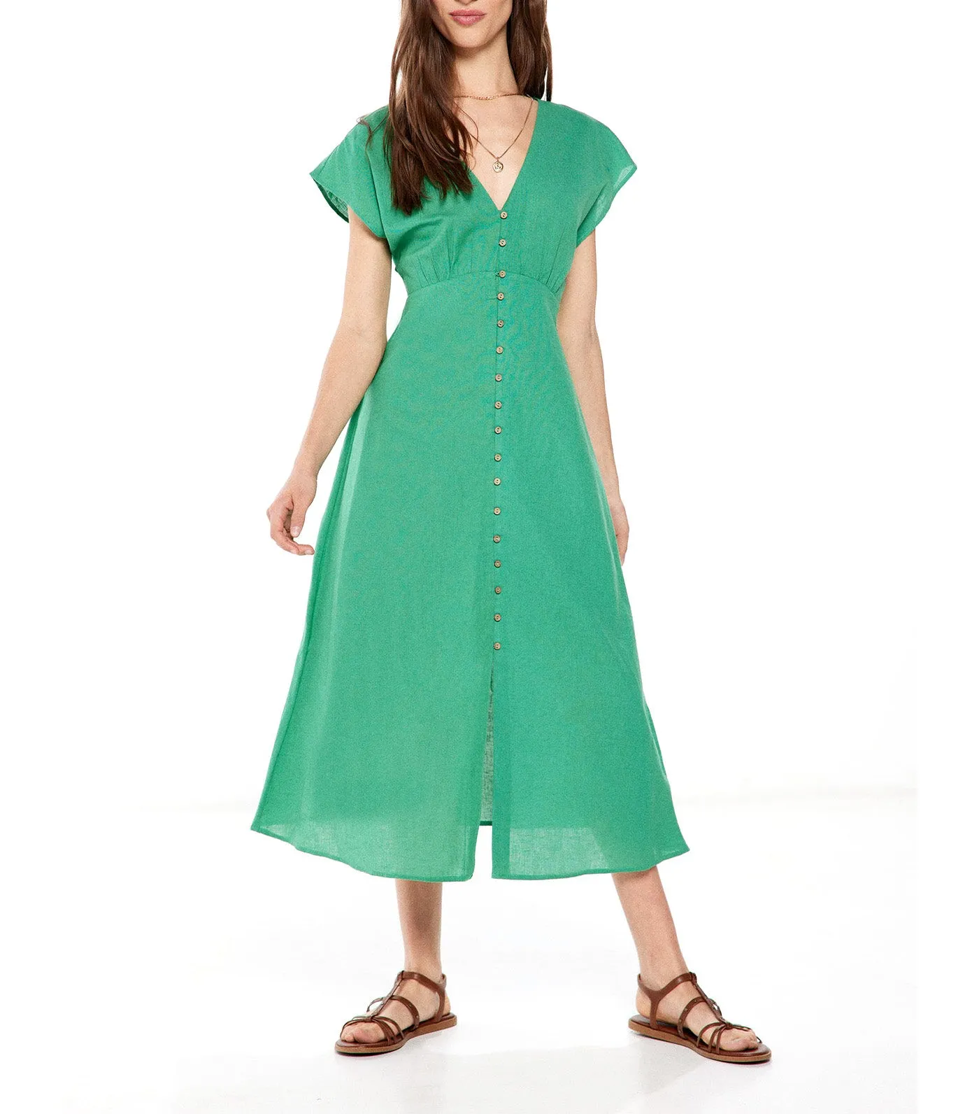 Linen Button Midi Dress Green