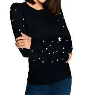 Long Sleeve Knit Sweater with Pearls Embellishments