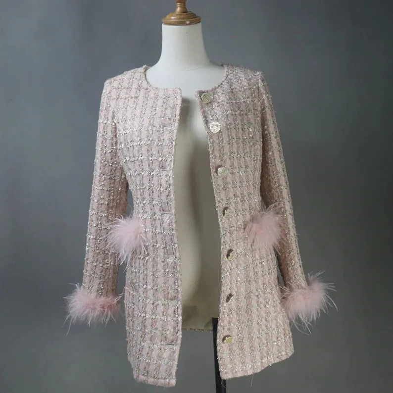 Made to Order Faux Fur Cuffs Tweed Long Coat Light Pink, Wedding Ceremony, Graduation, Formal Event, Evening Coat, Winter Warm Coat