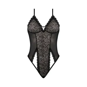 Magic Silk Soft Petals Floral Mesh Hatler Style Peek-A-Boo Teddy Bodysuit with Snap Crotch Set Black