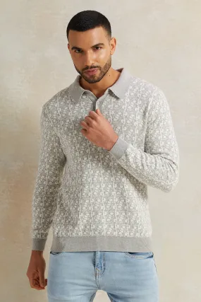 Men White And Grey Polo Collar Knitted Pullover