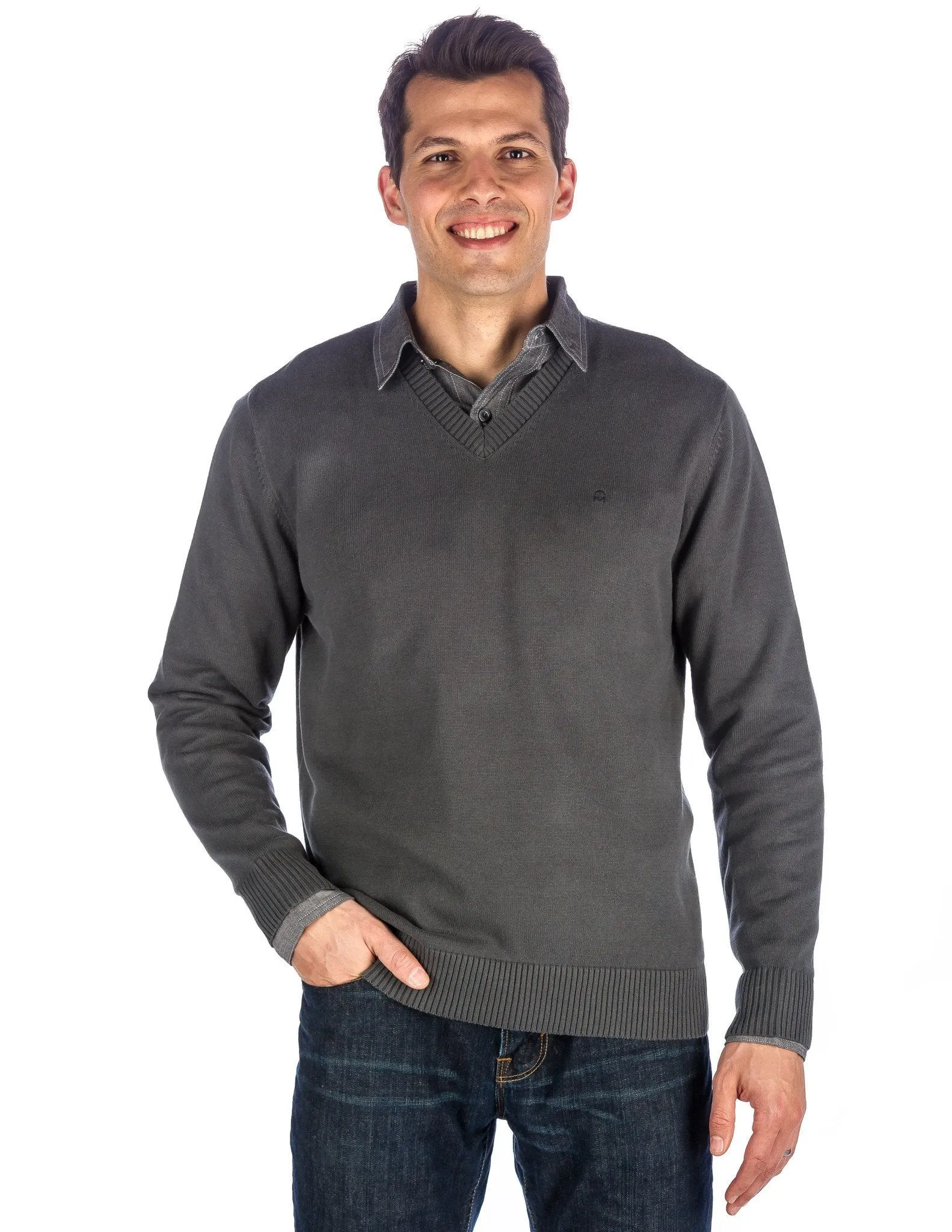 Men's 100% Cotton V-Neck Essential Sweater - Gray