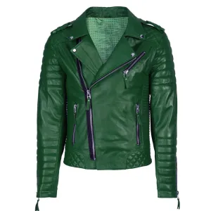 Men's Green Leather Slim Fit Biker Jacket