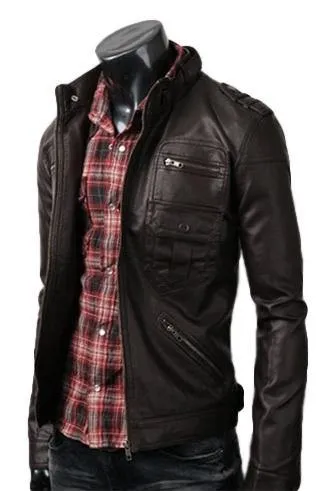 Men's Premium Dark Brown Leather Jacket with Multi-Pockets