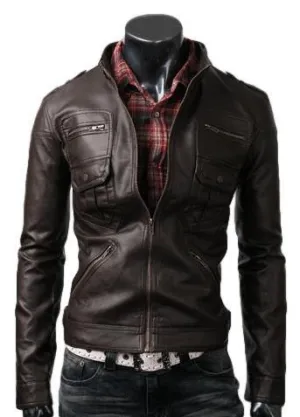 Men's Premium Dark Brown Leather Jacket with Multi-Pockets