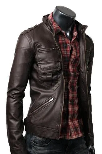 Men's Premium Dark Brown Leather Jacket with Multi-Pockets