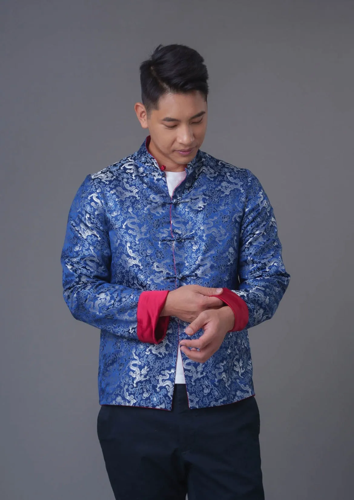 Men's Reversible Tang Jacket (Red/ Blue Brocade)