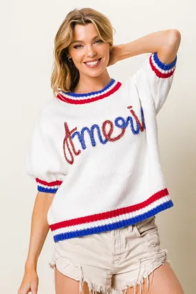 Metallic Short Sleeve Sweater with America Lettering