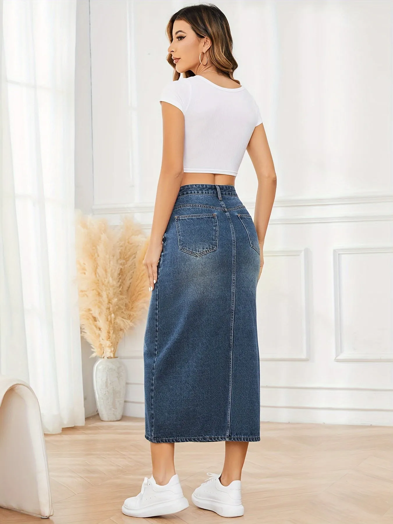 Mid-Rise Slant Pockets Split Denim Midi Skirt - Flattering Non-Stretch Casual Denim Skirt with Classic Fit, Comfortable Waistband, and Feminine Silhouette - Womens Denim Clothing for Everyday Wear