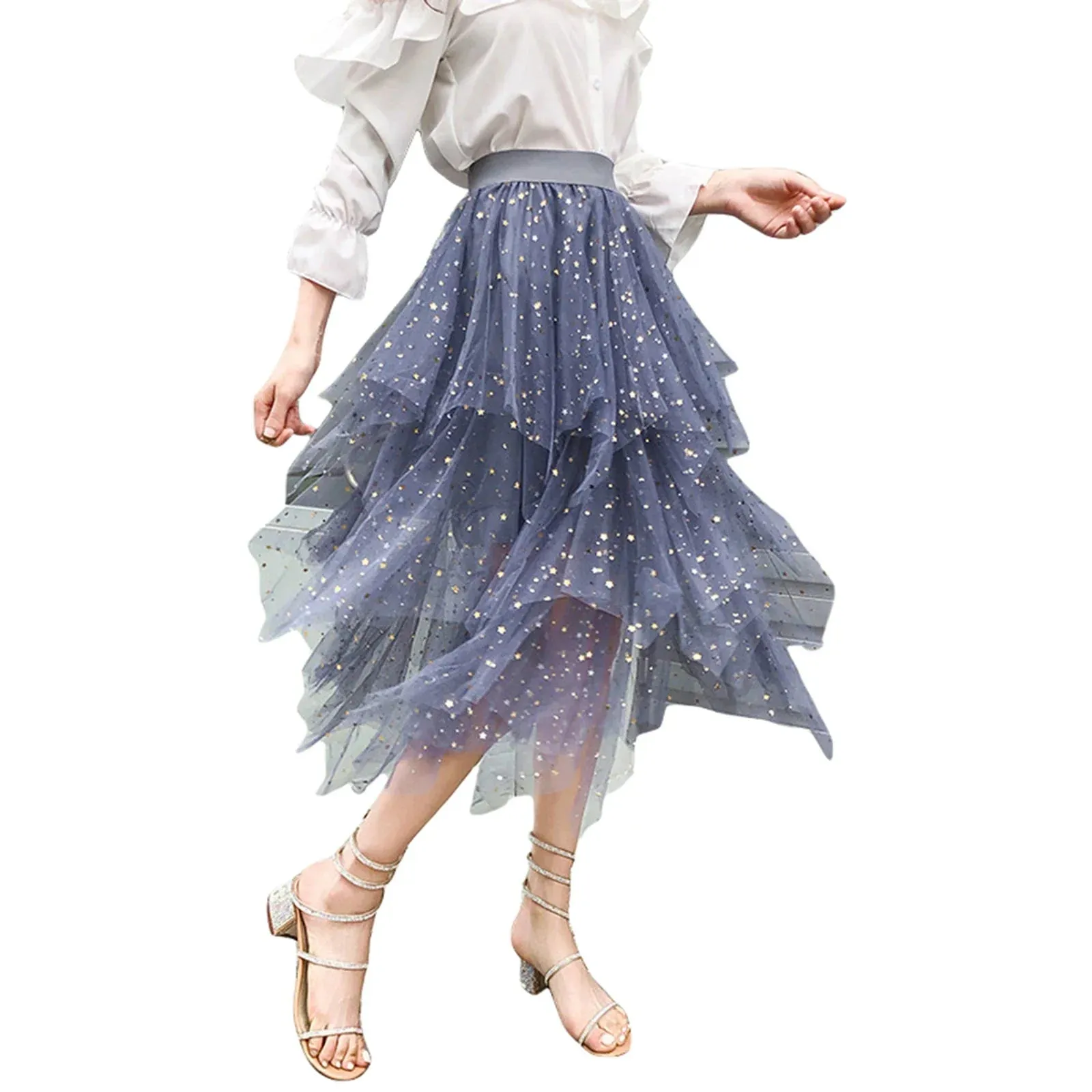 Midi Long Fairy Tiered A Line Mesh Elastic Waist Petticoat for Women Tulle Skirt