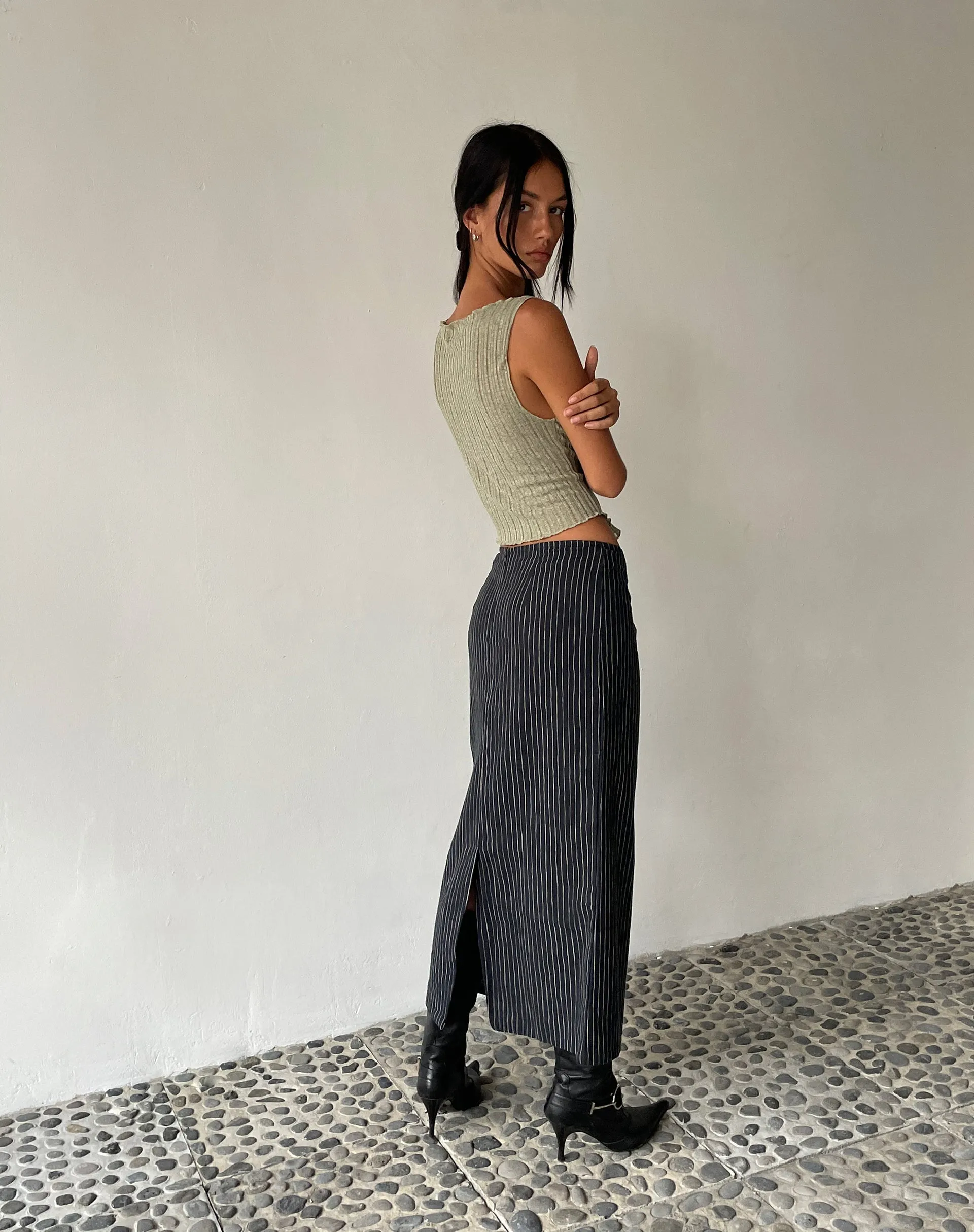 MOTEL X JACQUIE Duende Midi Skirt in Sketchy Stripe Black