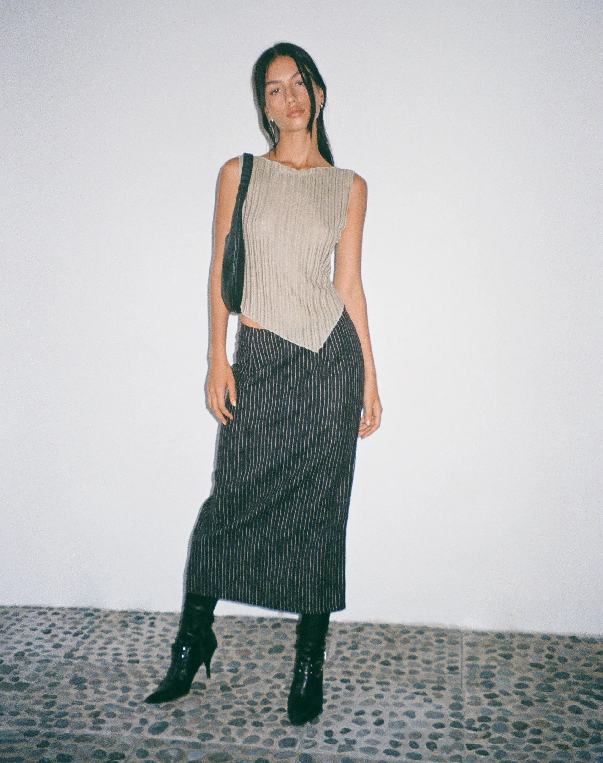 MOTEL X JACQUIE Duende Midi Skirt in Sketchy Stripe Black