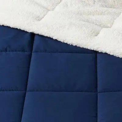 New - Room Essentials Sherpa Comforter Reversible Washed Quilted, Navy, Full/Queen