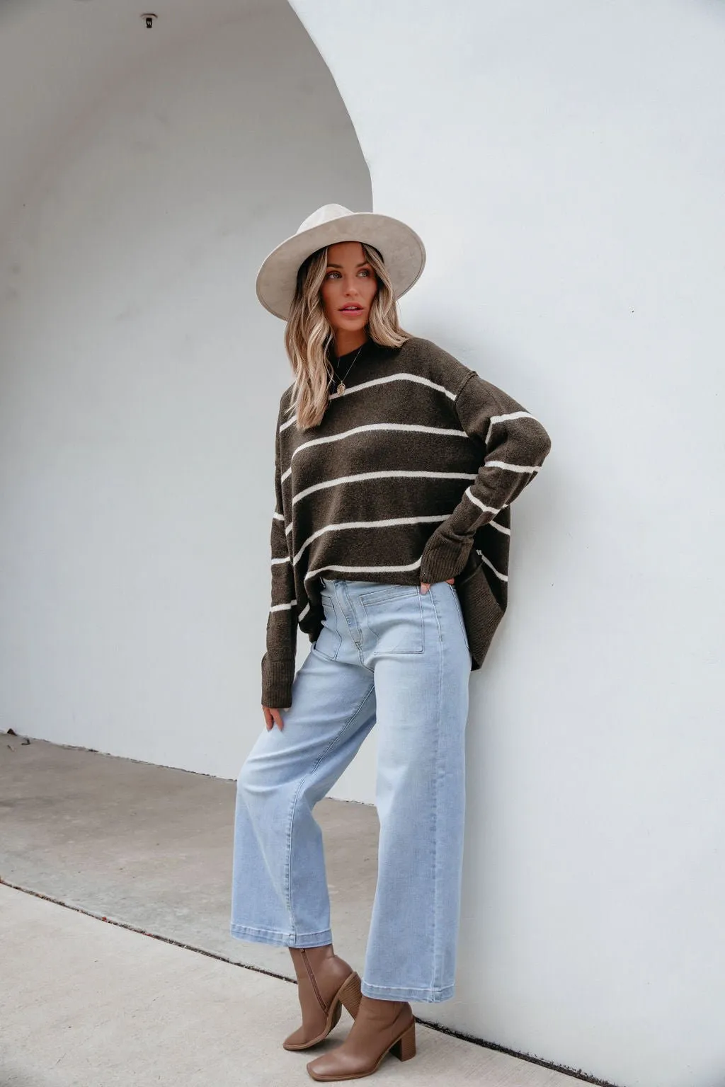 Next To Me Olive Striped Pullover Sweater