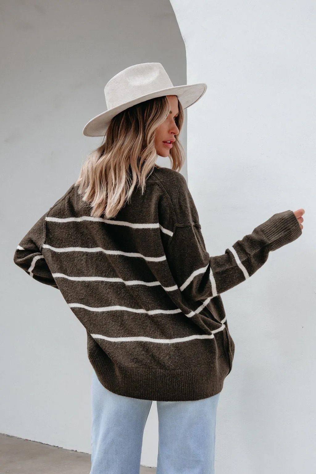 Next To Me Olive Striped Pullover Sweater